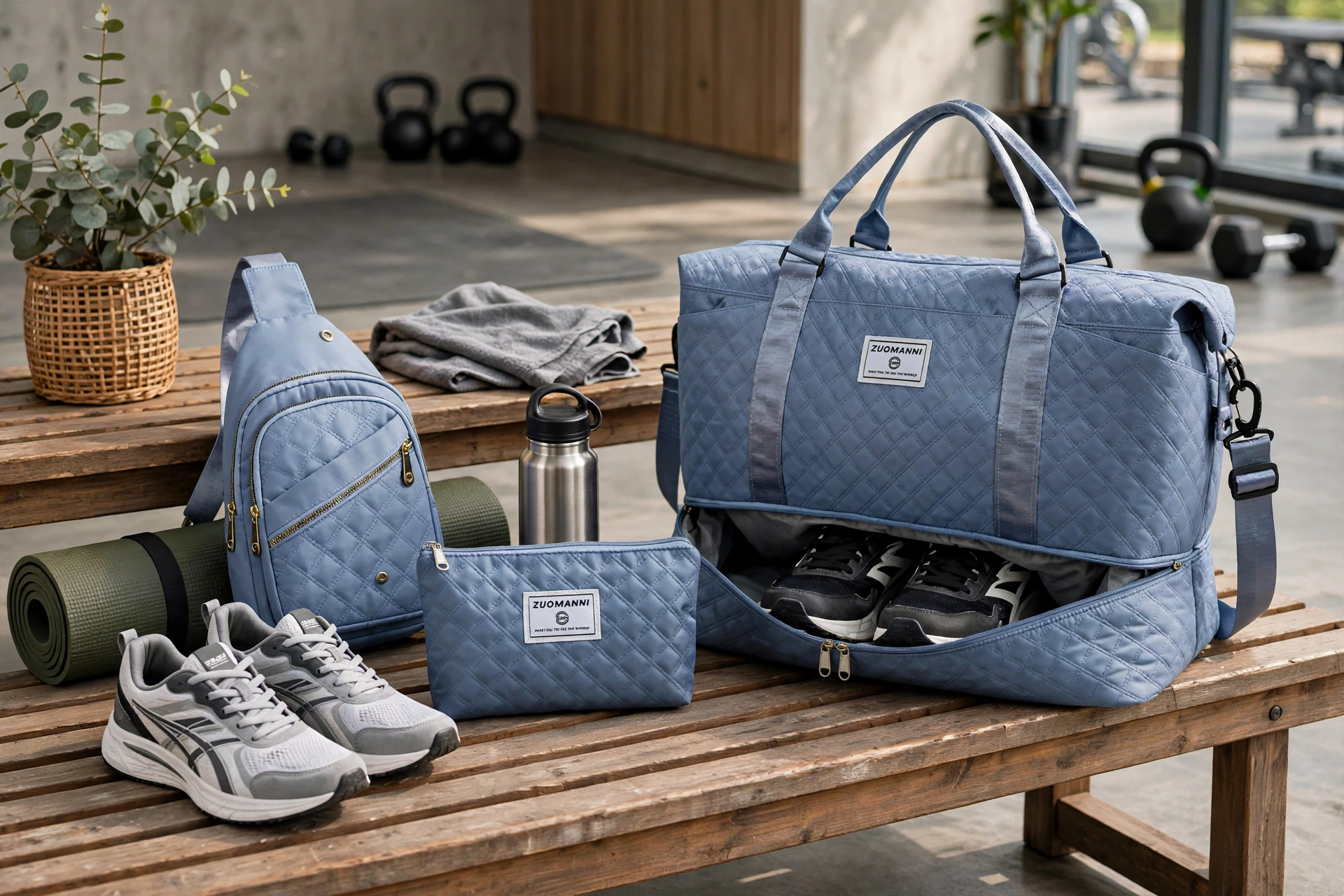 A Three-Piece Travel Set Including a Tote Bag, a Toiletry Bag, And a Shoulder Bag, Featuring a Spacious Independent Shoe Compartment, Perfect for Outdoor Fitness, Travel, Overnight Stays, And Weekend Trips 21 A fog blue color tote bag set arranged on a wooden gym bench, showcasing an open bottom shoe compartment with sneakers, a matching sling bag, a pouch, and a water bottle.