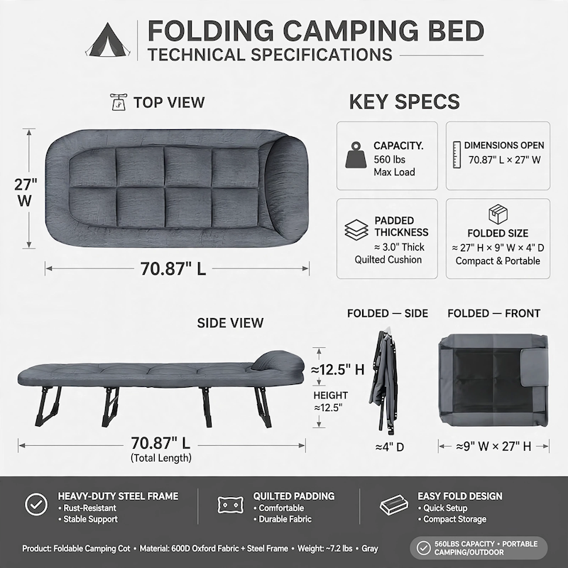 550 Lbs Weight Capacity Patio Party Resting Folding Camping Bed, 70.87inch Adjustable Folding Deck Chair, Perfect for Adults, Travel, Beach And Camping Adventures, Easy to Carry 10 Detailed technical specification sheet showing top view, side view, and key measurements of the Adjustable Folding Deck Chair.