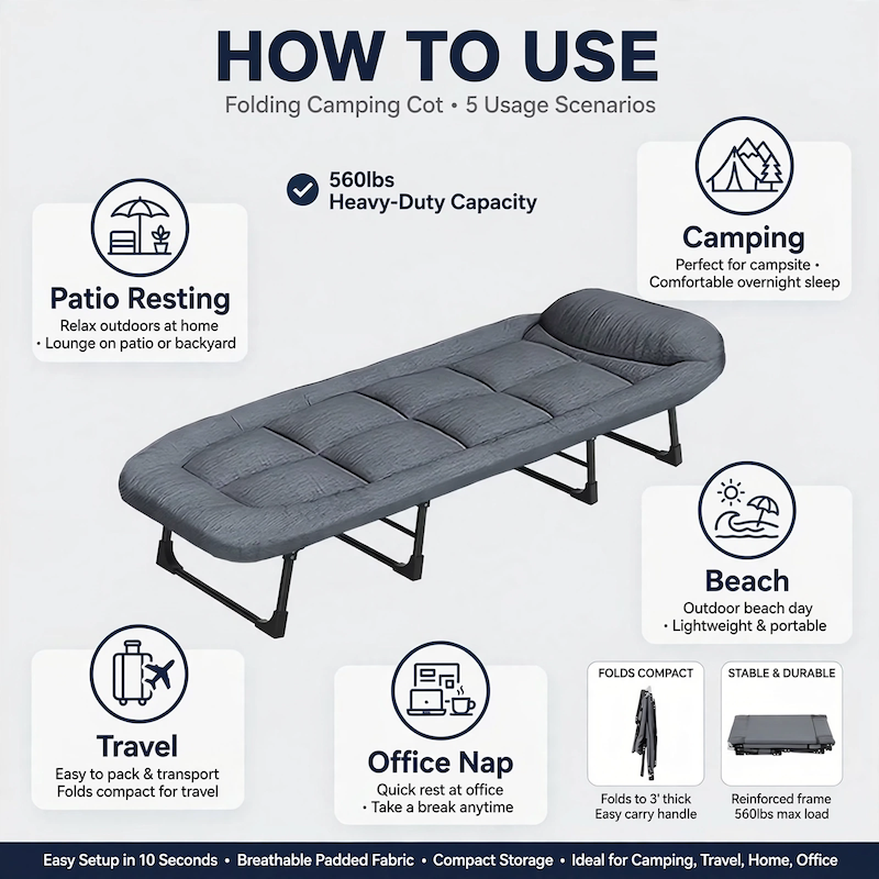 550 Lbs Weight Capacity Patio Party Resting Folding Camping Bed, 70.87inch Adjustable Folding Deck Chair, Perfect for Adults, Travel, Beach And Camping Adventures, Easy to Carry 11 Infographic highlighting 5 usage scenarios including camping, beach, patio resting, travel, and office naps for the Adjustable Folding Deck Chair.
