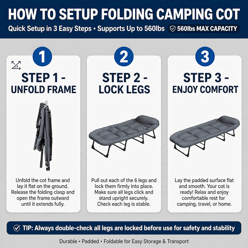 550 Lbs Weight Capacity Patio Party Resting Folding Camping Bed, 70.87inch Adjustable Folding Deck Chair, Perfect for Adults, Travel, Beach And Camping Adventures, Easy to Carry 12 Three-step instructional guide illustrating how to unfold, lock legs, and enjoy the Adjustable Folding Deck Chair.