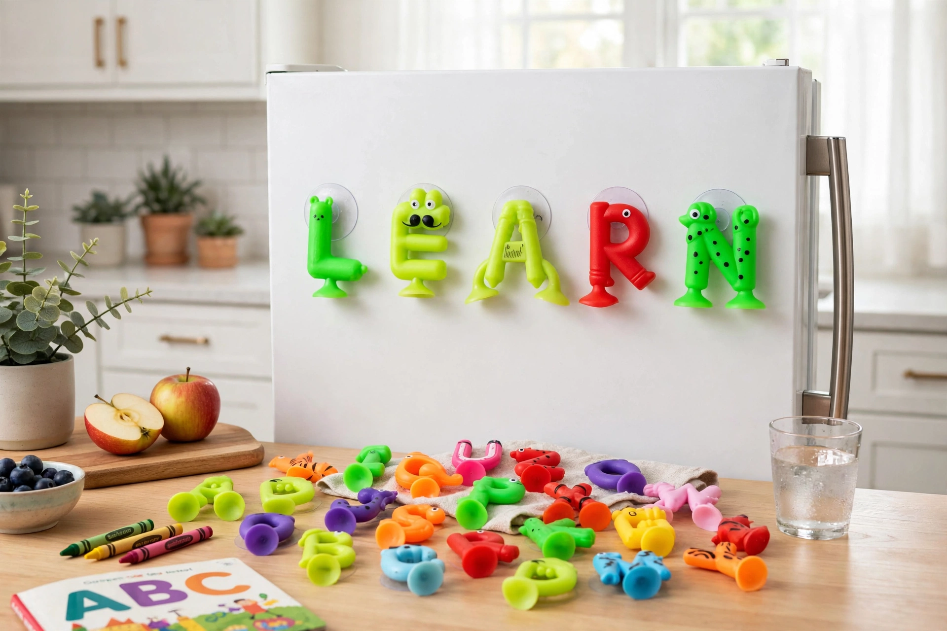 awesome 26pcs Multicolor Rubber Alphabet Letters with Suction Cups, Educational Spelling Learning Game, Ideal for Halloween/Christmas/Birthday Party Giftschristmas Stocking Stuffers, Christmas Stocking Stuffers 9 Alphabet Letters with Suction Cups spelling a word on a white kitchen refrigerator door next to a table with fruit and books