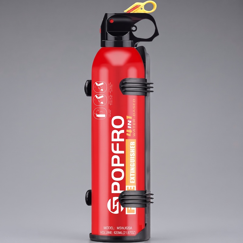 Front view of a single red 620ml water-based Portable Fire Extinguisher with black mounting brackets.