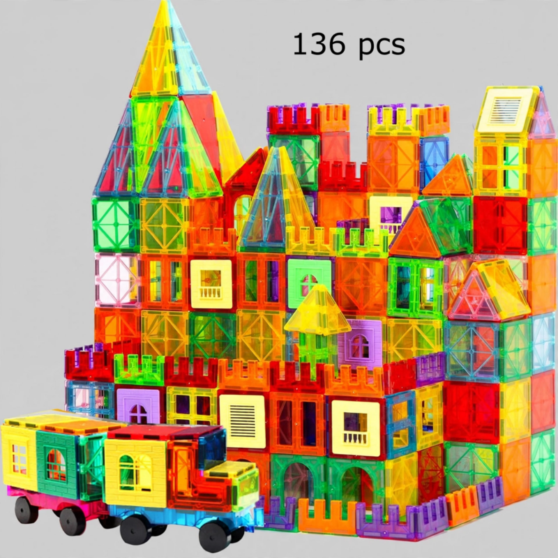 106/136pcs Magnetic Building Blocks with 2 Cars Suitable for Kids Boys & Girls, STEM Construction Toys with Magnetic Base Plates & Car Magnets, Educational Building Blocks for Birthday Gifts, for 3+ Years, for 4 5 6 7 8 9+ 5 An intricate, large multi-level castle with a matching toy truck built from the 136 pcs Magnetic Building Blocks with 2 Cars set against a clean grey background.