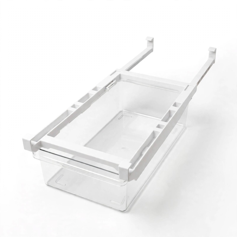 1pc Refrigerator Drawer Organizer Egg Rack, Refrigerator Drawer Storage Box Hanging Basket, Kitchen Fresh-keeping Freezer Shelf Holding Artifact, Suitable for Pull-out Refrigerator Drawer, Transparent Fruit and Vegetable Storage Box 1 1pc Refrigerator Drawer Organizer Egg Rack shown from an isolated front angle featuring a clear sliding bin and white adjustable rails.