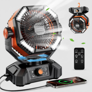 Promotional display of the orange ColdSky Battery Powered Fan with 4 LED Lanterns highlighting its charging port, remote control, and swing function.