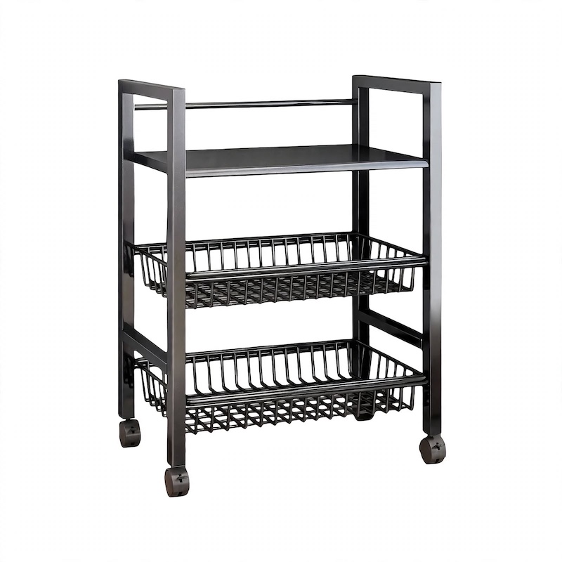 Storage Rack a Four-Tier Clean front view of the 23.62inx12.99x30.31in Storage Rack featuring a black metal frame and rolling casters.