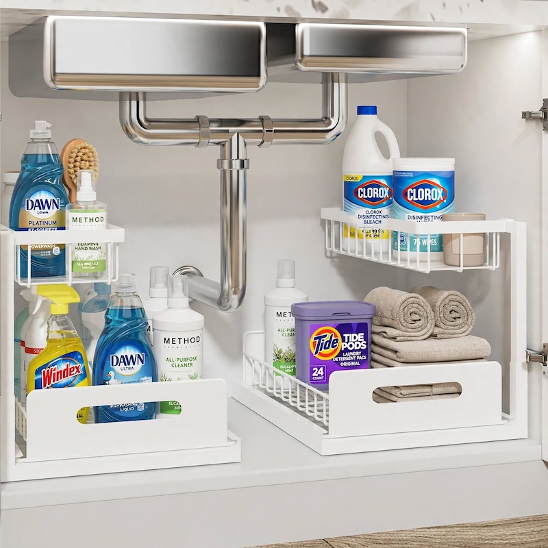 reliable Metal Under Sink Organizers, Pull Out Under Sink Storage Shelves with Sliding Drawer for Kitchen, Bathroom (1pack/2pack) 14 Twin white 2pack Metal Under Sink Organizers neatly installed under a kitchen sink holding cleaning supplies, dish soap, and rolled towels.