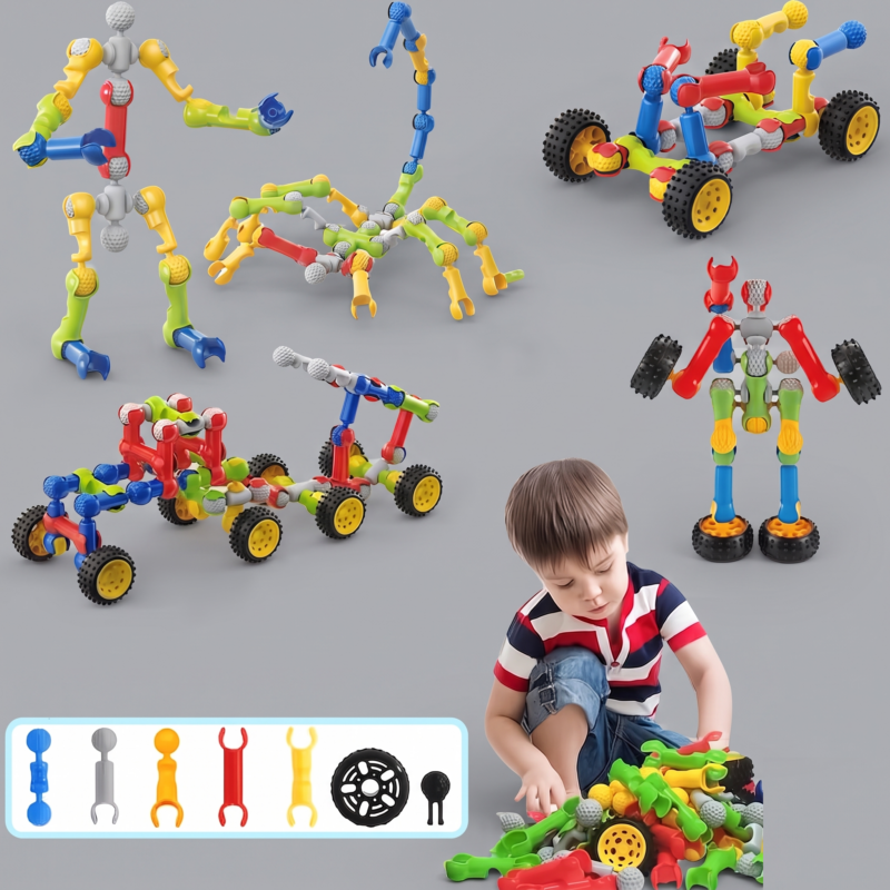 Young boy playing with vibrant Kids STEM Building Toys assembled into robots, scorpion, and racing vehicles