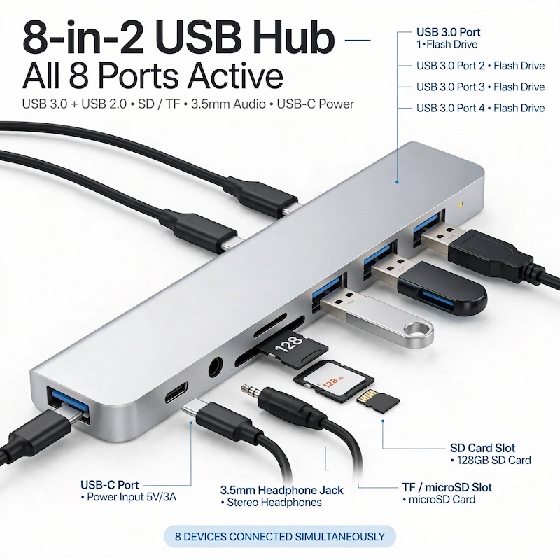 exclusive 1 8-In-1 USB C Hub with Audio Jack | Compatible with Tablets, USB Powered, 5V Operating Voltage 1 Close-up front view of an 8-In-1 USB C Hub with Audio Jack with flash drives, SD cards, audio jack, and power cables plugged in simultaneously.