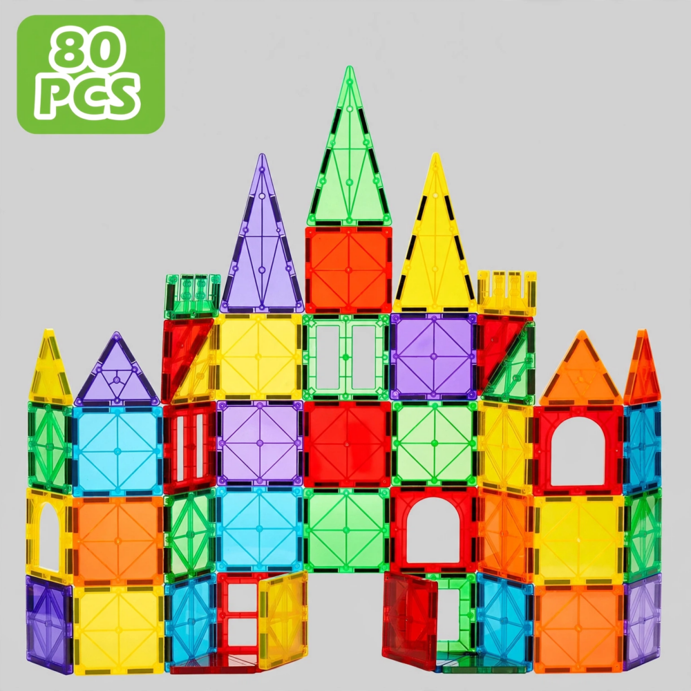 A colorful castle built using the 80pcs Magnetic Building Blocks with 2 Cars set, shown against a neutral grey background with an 80 PCS label in the upper left corner.
