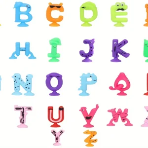 Complete set of twenty six colorful Alphabet Letters with Suction Cups arranged in a grid against a solid white background