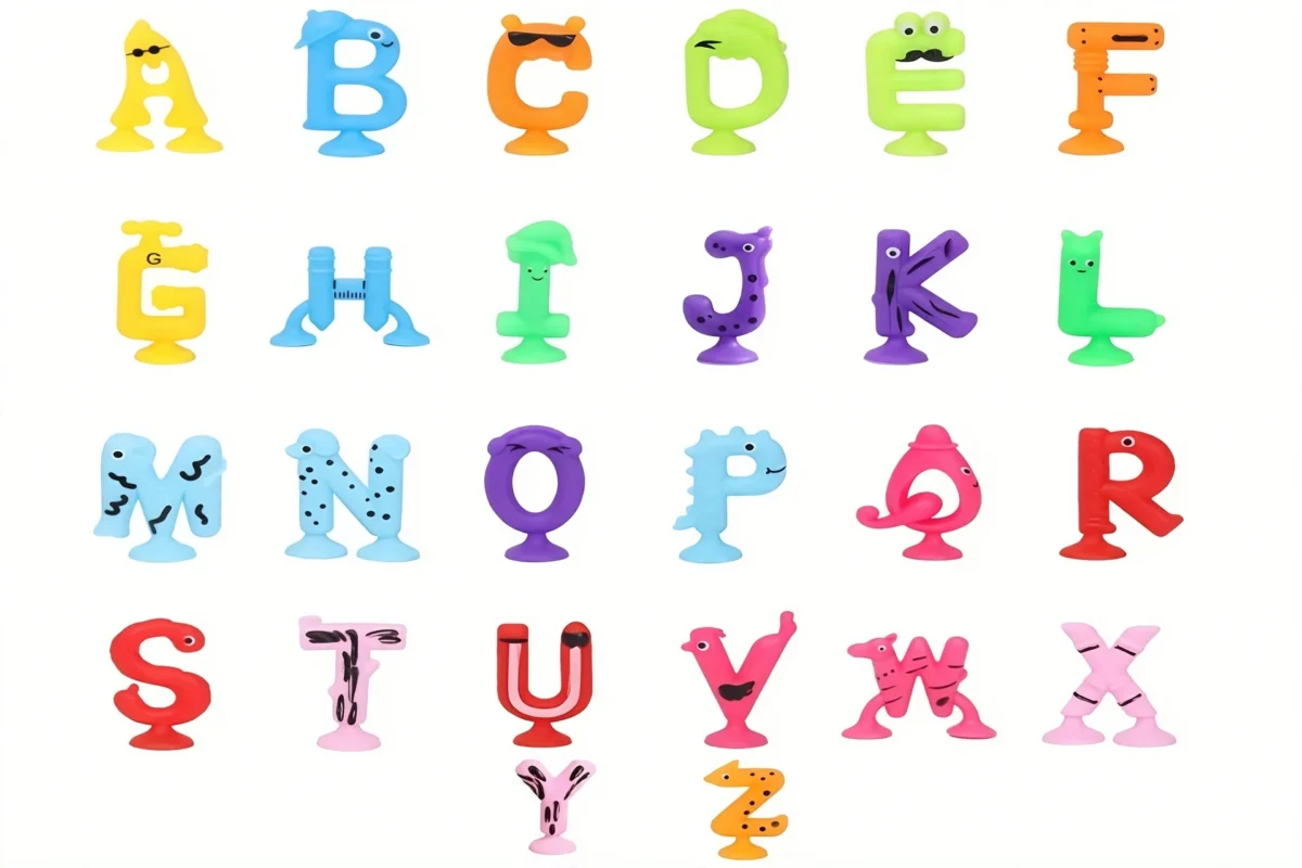 awesome 26pcs Multicolor Rubber Alphabet Letters with Suction Cups, Educational Spelling Learning Game, Ideal for Halloween/Christmas/Birthday Party Giftschristmas Stocking Stuffers, Christmas Stocking Stuffers 1 Complete set of twenty six colorful Alphabet Letters with Suction Cups arranged in a grid against a solid white background