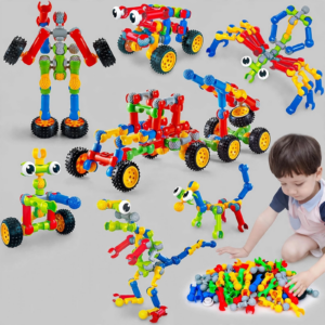 Front view of multiple colorful animals, robots, and vehicles constructed using a Building Toys 83 Piece set.