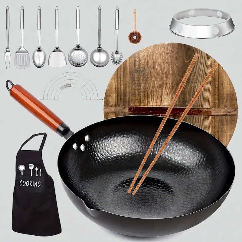 practical Cast Iron Frying Pan Wok Set - Nonstick, 12.6 Inch Pan With 13 Cookware Accessories, Suitable For All Stoves, Kitchen Utensils, Kitchen Tools, Kitchen Accessory, Kitchen Supplies Camping 1 A studio front-view layout of the Cast Iron Frying Pan Wok Set featuring the wok, wooden lid, utensils, apron, and stove ring against a neutral background.