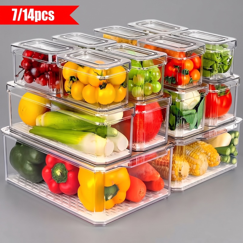 Stacked set of Clear Refrigerator Storage Boxes filled with colorful fruits and vegetables