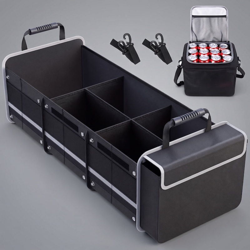 Front view of a black multi-compartment collapsible trunk organizer for car use, displayed alongside tie-down straps and an insulated cooler bag filled with cans.Front View of Collapsible Trunk Organizer for Car with Cooler Bag