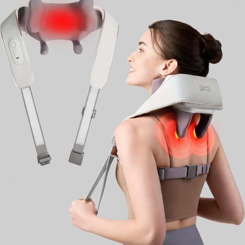 woman wearing a white Cordless Neck And Shoulder Massager with Heat showcasing infrared heat therapy on her shoulders
