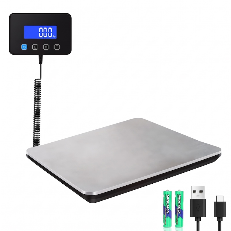 All components of the digital shipping postal scale are laid out on a white background, including the stainless steel platform, remote display with coiled cord, two AA batteries, USB-A cable, and USB-C adapter.
