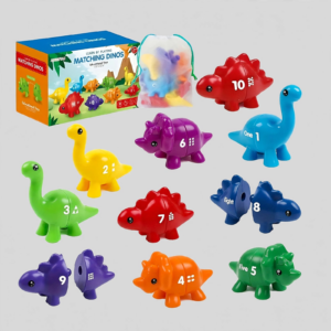 Front view layout of all assorted dinosaur figures and packaging for the Dinosaur Alphabet and Number Matching Toy