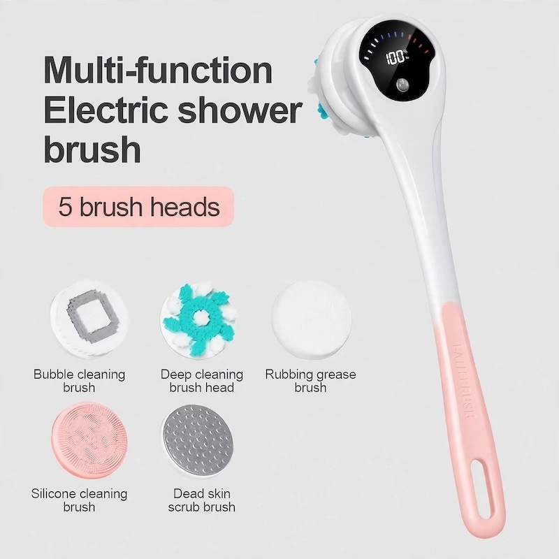 Front view showcasing the 5 interchangeable brush heads included with the pink color Electric Body Brush for Shower.