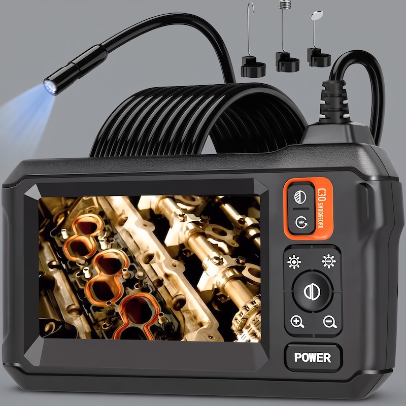 Front view of the rugged handheld monitor for the Endoscope Camera with Light 4.3 displaying an engine image, with its button interface clearly visible.