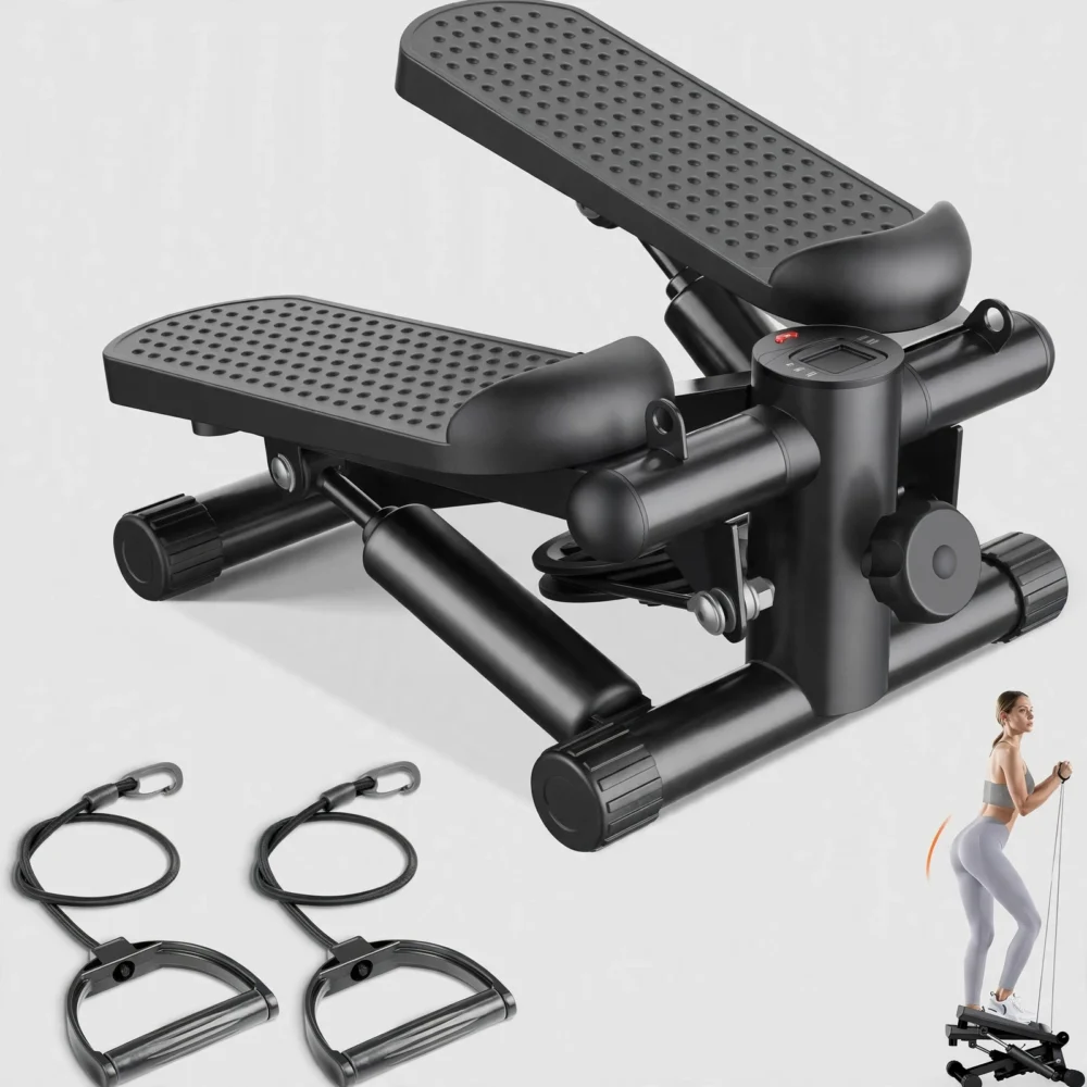 Black color Exercise Stepper with Resistance Bands shown from the front with handles and digital monitor.