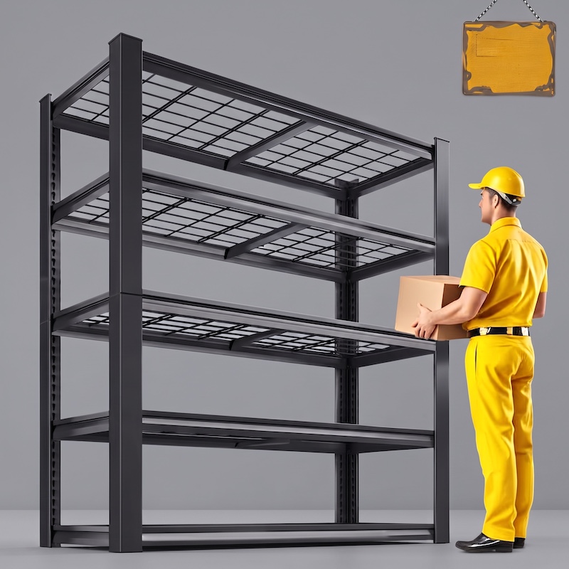 Garage Storage Shelves 72 A high-angle close-up view looking down at one of the wire mesh shelves on the black metal rack. A graphic overlay of a weight icon indicates "500LBS" per shelf. Text at the top reads "LOAD CAPACITY CLOSE".