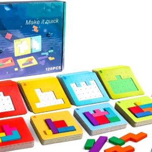 A top-down, flat lay product photograph shows the complete Geometric Shape Puzzle Toy set, including the wooden board, colorful geometric shapes, challenge cards, and timer, neatly organized on a white background.