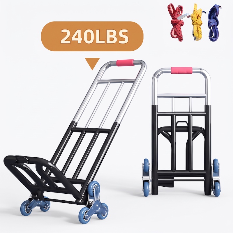 Two views of a Heavy Duty Folding Trolley on a white background. On the left, the trolley is unfolded with a handle extended. On the right, it is folded completely flat for storage.