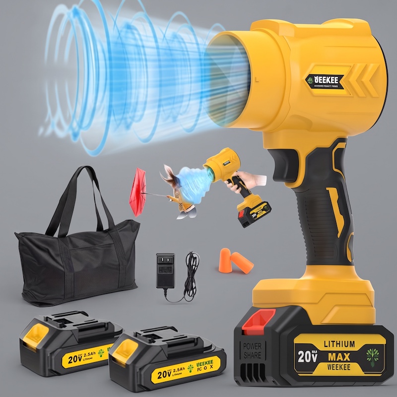 A studio shot of the entire High-Power Turbine Blower kit, including the blower, bag, charger, two batteries, and earplugs, with an inset of a person using it.