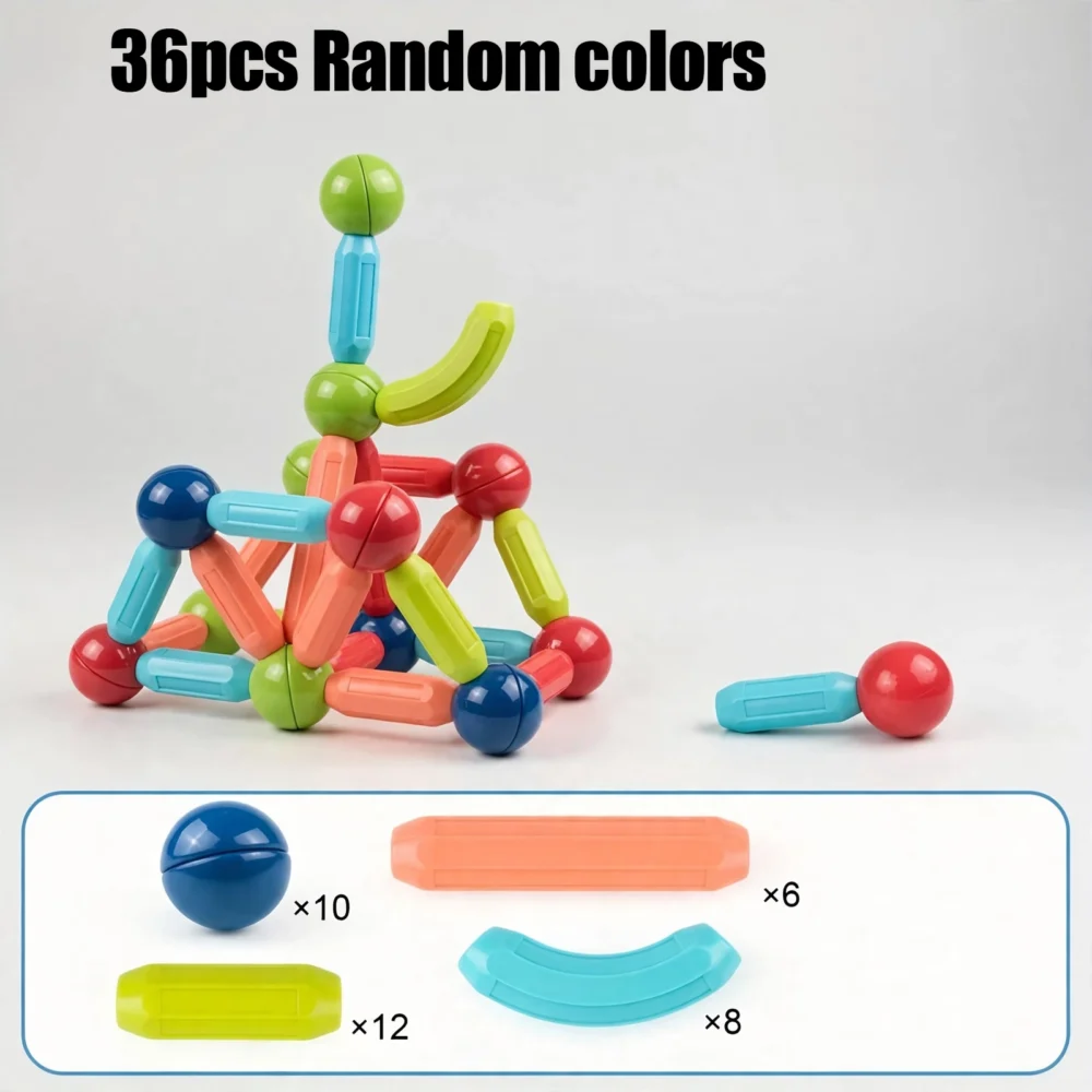 Kids Magnetic Building Blocks Front view of an abstract tower structure made from 36pcs Kids Magnetic Building Blocks, accompanied by an inventory panel at the bottom.