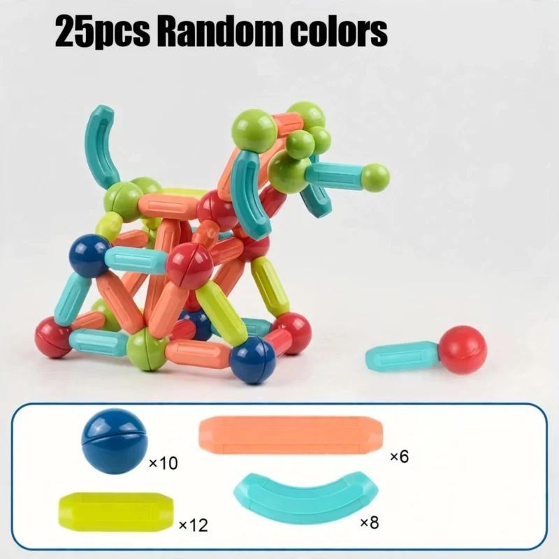 Kids Magnetic Building Blocks STEM Educational Toy for Ages 3 And Up, Enhances Hands-On Skills, Creativity, And Focus – Perfect Creative Learning Gift/Halloween Surprise/Christmas Surprise/Back-To-School Gift 5 A front view of a colorful dog-like figure constructed from magnetic balls and rods, sitting on a white surface with an informational diagram of parts below it.