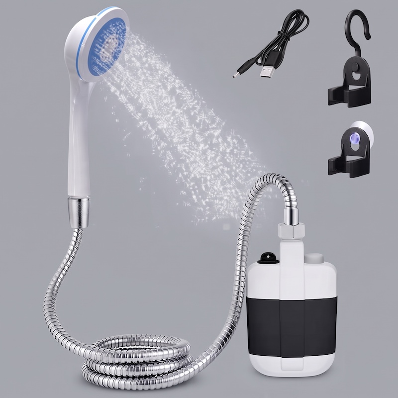 Rechargeable Shower Pump with Hose A full view of the portable electric shower kit on a neutral gray background. It includes a white and blue shower head, a long coiled metal hose, a black and white pump unit, a USB charging cable, and two black mounting accessories (a hook and a suction cup).