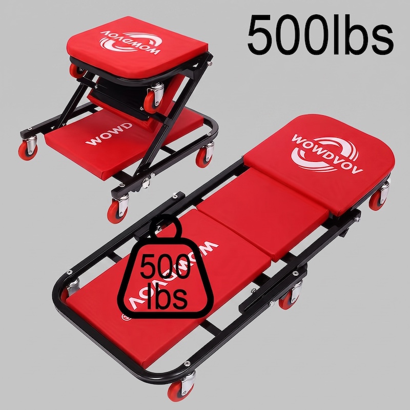 Studio overview showing the red - 500lb Crawling Seat a Garage Chair in both its folded chair and extended flat creeper layouts.