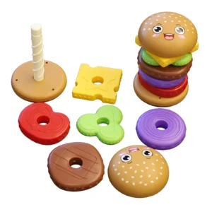 Stacking Burger Shape Toy displayed next to beautifully wrapped holiday and birthday gifts with balloons and party decorations.