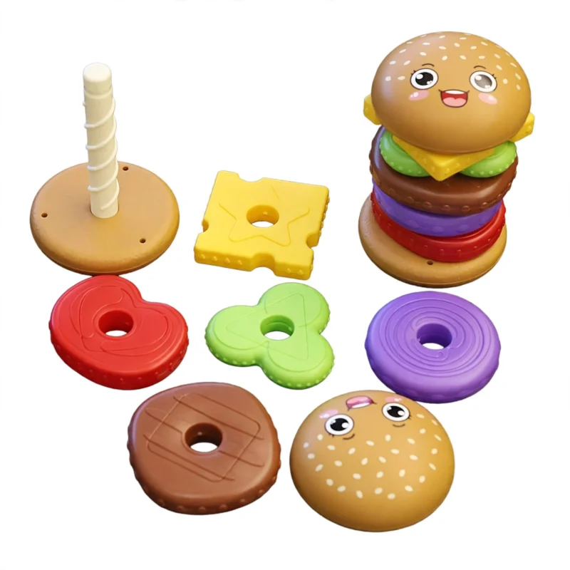 Stacking Burger Shape Toy, Multi-Color Recognition, Hand-Eye Coordination and Rotation Educational Puzzle, Perfect Gift for Boys and Girls on Birthdays, Christmas, or Halloween 1 Stacking Burger Shape Toy displayed next to beautifully wrapped holiday and birthday gifts with balloons and party decorations.