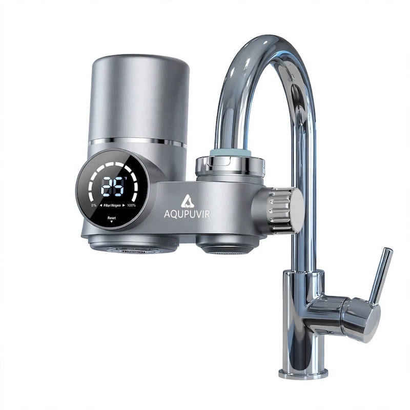 exclusive Faucet Mount Water Filtration, 264 Gallons Water Faucet Mount Filtration System, Dual Head Switching with Water Temperature And Life Dual Display for Tap Water Reduces Lead Chlorine, Heavy Metals (23psc Combination) 1 Front studio view of the starlight slivery Faucet Mount Water Filtration system attached to a chrome kitchen faucet, highlighting its smart LED display and sleek silver finish.