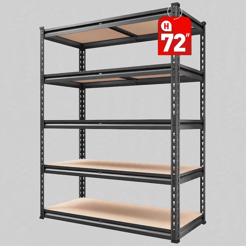 Front studio view of empty Storage Shelves 5 Tier with a black steel frame and wooden boards.