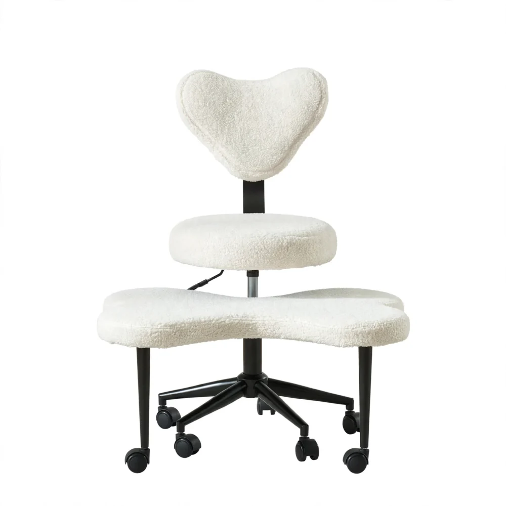 Isolated studio product shot of a teddy fleece white color color Cross Legged Office Chair with a heart shaped backrest, black base, and butterfly seat against a white background