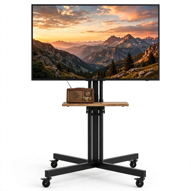 Front view of a Universal Mobile TV Cart holding a flat-screen television displaying a mountain landscape, featuring a mid-shelf with a vintage radio and heavy-duty rolling wheels.