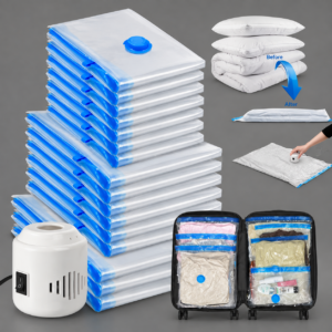Two tall, neat stacks of clear Vacuum Storage Bags with blue valves placed next to a compact white electric pump.