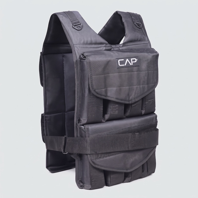 Vest for Strength Training A clean studio product shot of a black adjustable weighted vest, similar to the one in image