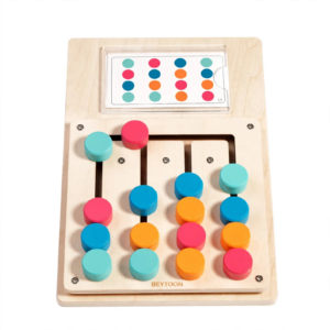 A top-down front view of the BEYTOON educational toy, showing the colorful pegs and challenge card that help the Wooden Color Puzzle Boost Logic.