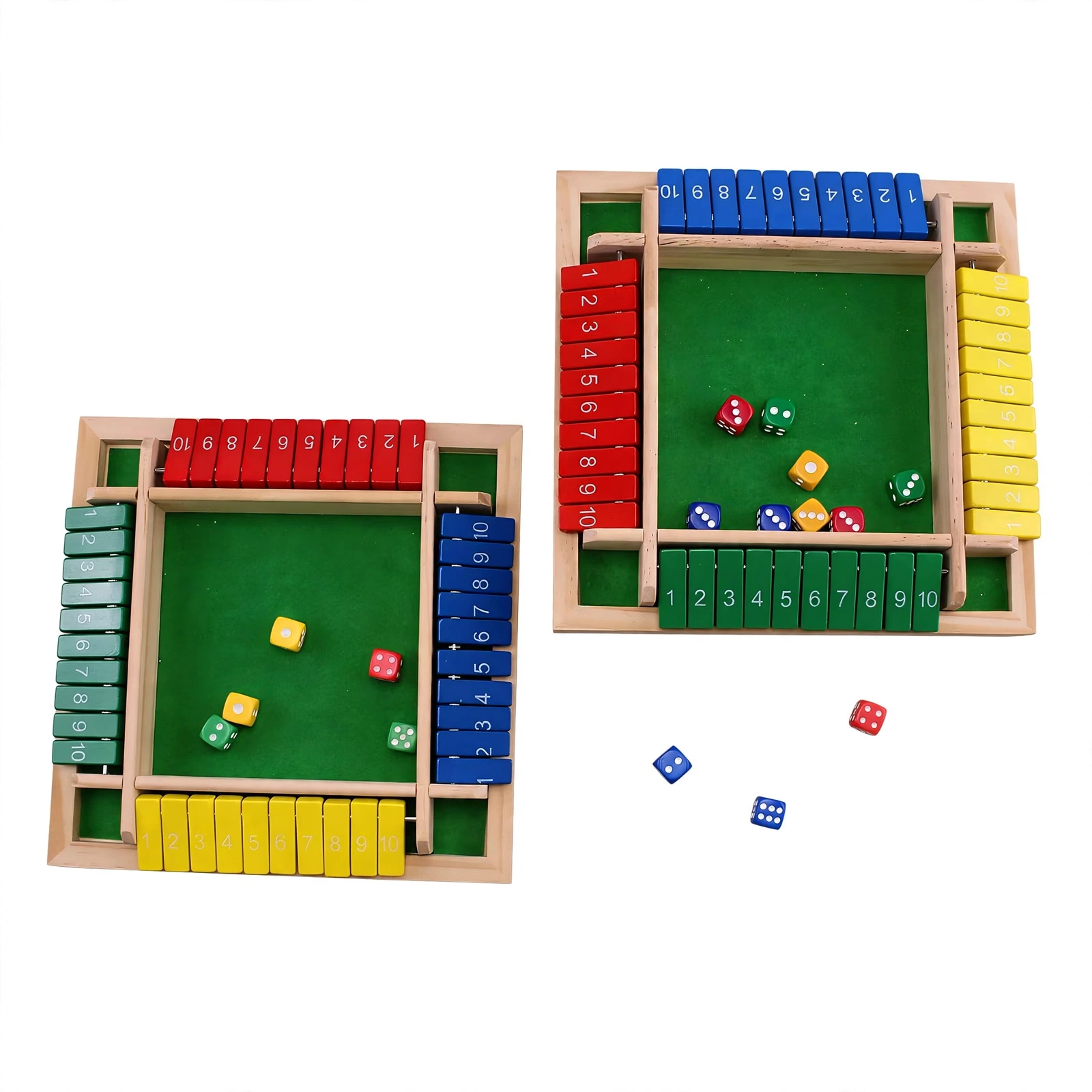 Wooden Shut the Box Dice Game, Classic Family Board Game for Math & Decision-Making Skills, for 2-6 Players, Perfect for Parties Birthdays Halloween and Christmas Gifts, Ideal for Family Game Nights and Stocking Stuffers 6 Direct front angle view of two Wooden Shut the Box Dice Game sets featuring red, blue, green, and yellow tiles with colorful dice.