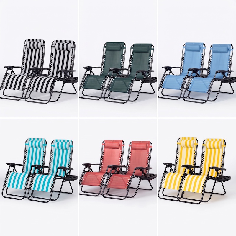 A composite image displaying a Pair of Outdoor Adjustable Lounge Chairs in six different colors and patterns (black/white stripe, dark green, light blue, turquoise stripe, coral, yellow/white stripe), each set with a side tray, against a white background