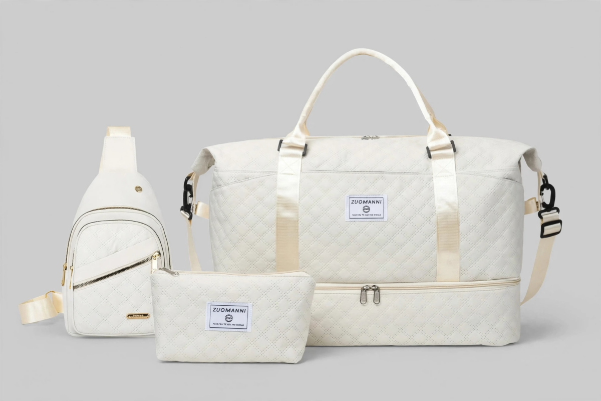 A Three-Piece Travel Set Including a Tote Bag, a Toiletry Bag, And a Shoulder Bag, Featuring a Spacious Independent Shoe Compartment, Perfect for Outdoor Fitness, Travel, Overnight Stays, And Weekend Trips 3 A studio product shot against a plain light gray background displaying a beige color tote bag set, including a large travel tote with a bottom compartment, a matching crossbody sling bag, and a small pouch.
