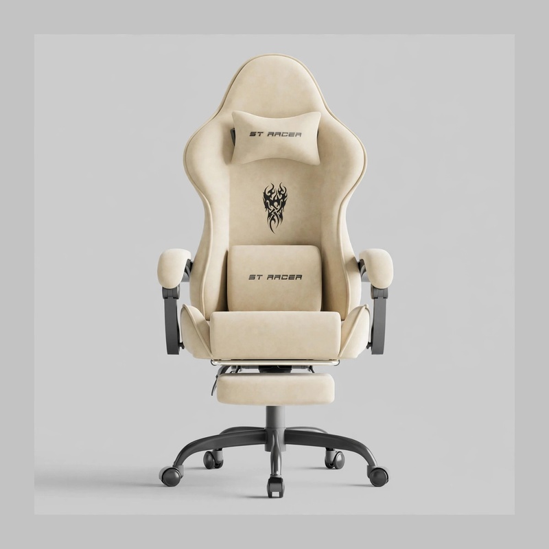 Clean, studio front-facing view of the beige color Velvet Fabric Gaming Chair featuring a headrest pillow, tribal embroidery logo, and deployed footrest against a neutral background.