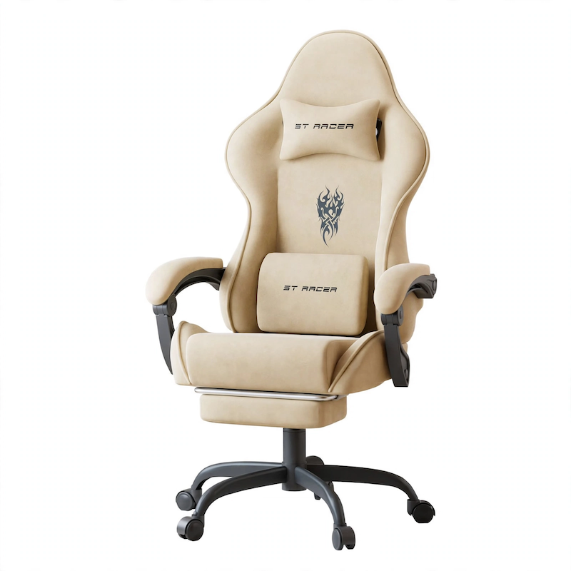 comfortable STRACER Velvet Upholstered Gaming Chair Featuring a Footrest, High Back Design, Ergonomic Support for Gamers, Includes Headrest And Massage Lumbar Pillow, Racing Style Reclining Video Game Chair 7 Isolated front view of the beige color Velvet Upholstered Gaming Chair against a clean white background, showing its complete silhouette and pillows.