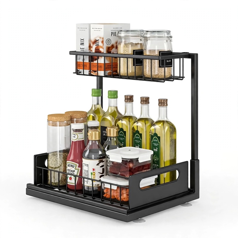 reliable Metal Under Sink Organizers, Pull Out Under Sink Storage Shelves with Sliding Drawer for Kitchen, Bathroom (1pack/2pack) 6 Clean studio front view of the assembled black 1pack Metal Under Sink Organizers stocked with jars and bottles.