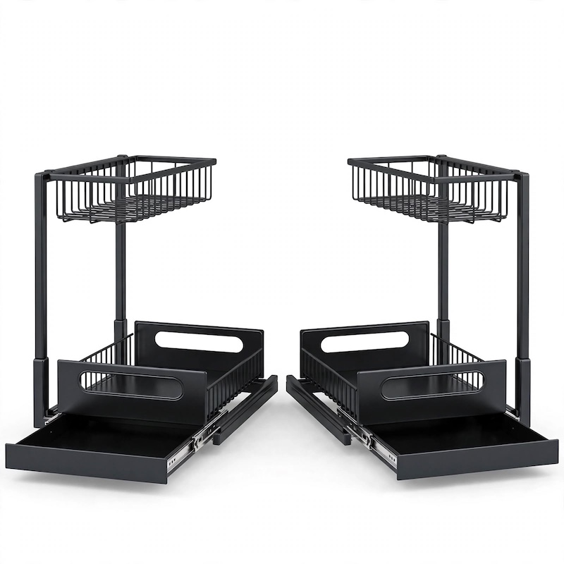 reliable Metal Under Sink Organizers, Pull Out Under Sink Storage Shelves with Sliding Drawer for Kitchen, Bathroom (1pack/2pack) 7 Studio front view of two assembled black 2pack Metal Under Sink Organizers featuring pull-out sliding drawers.